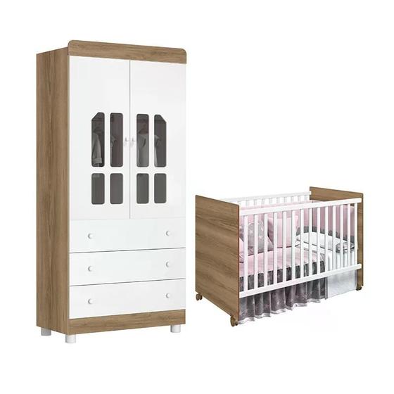 Imagem de Quarto Infantil com Guarda Roupa 2 Portas Katatau e Berço Tico Branco/Mezzo - Reller Móveis