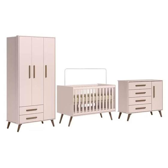 Imagem de Quarto Infantil Com Guarda Roupa 3 Portas, Cômoda e Berço Retro QEncanto Rosa