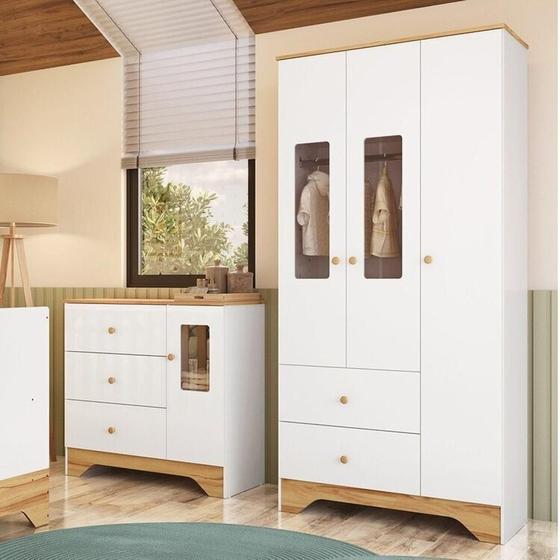 Imagem de Quarto Infantil com Guarda-roupa 3 Portas e Cômoda com Janelas 100% Mdf Cocada Espresso Móveis Branco Brilho/Amêndoa