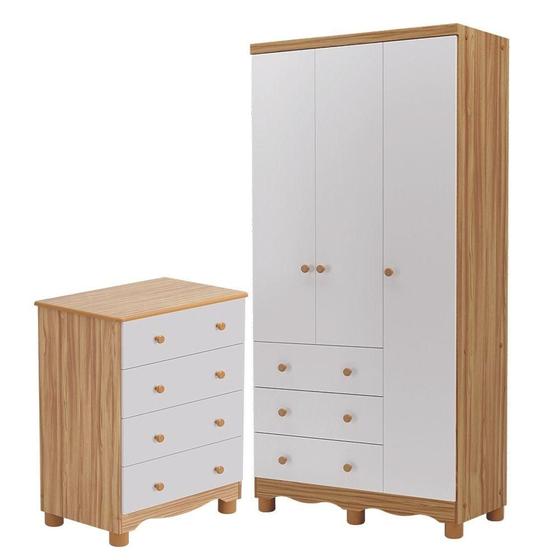 Imagem de Quarto Infantil Com Guarda Roupa 3 Ptas Cômoda 100%Mdf Junior Móveis Peroba Branco/Amendoa