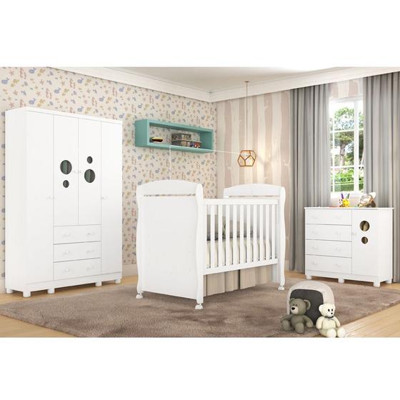 Quarto Infantil com Guarda Roupa 4 Portas, Cômoda 4 gavetas e Berço Cama Júnior Móveis Peroba Branco Menor preço em Quarto Infantil com Guarda Roupa 4 Portas, Cômoda 4 gavetas e Berço Cama Júnior Móveis Peroba Branco