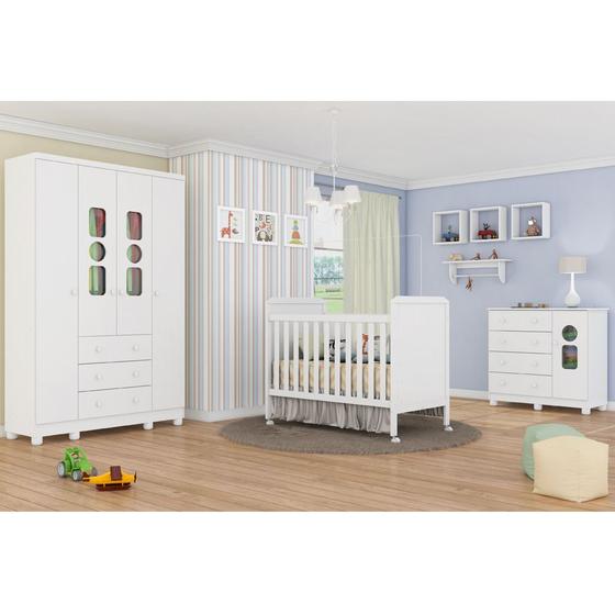 Quarto Infantil com Guarda Roupa 4 Portas, Cômoda Tedy e Berço Cama Cloe Móveis Peroba Branco Brilho Menor preço em Quarto Infantil com Guarda Roupa 4 Portas, Cômoda Tedy e Berço Cama Cloe Móveis Peroba Branco Brilho