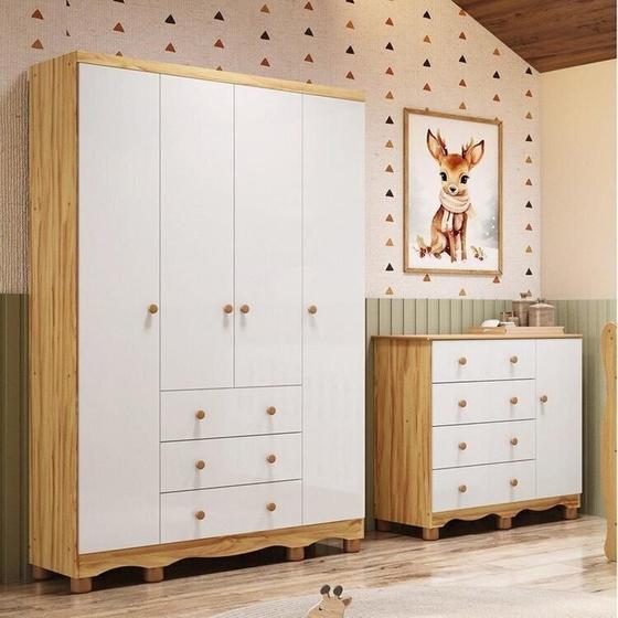 Imagem de Quarto Infantil com Guarda-Roupa 4 Portas e Cômoda 1 Porta 100% MDF Mimo Espresso Móveis Branco Brilho/Amêndoa