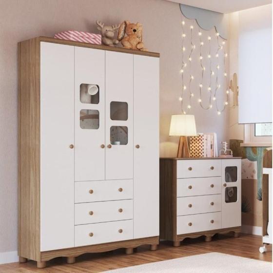 Imagem de Quarto Infantil com Guarda Roupa 4 Portas e Cômoda 1 Porta com Janela Mimo Espresso Móveis Branco Brilho/Carvalho