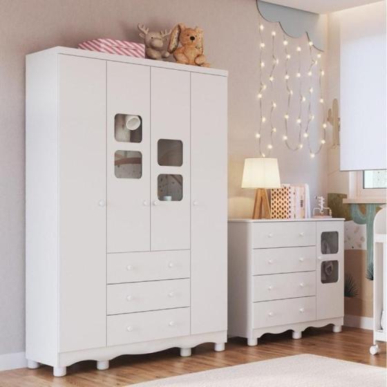 Imagem de Quarto Infantil com Guarda Roupa 4 Portas e Cômoda 1 Porta com Janela Mimo Espresso Móveis Branco Brilho