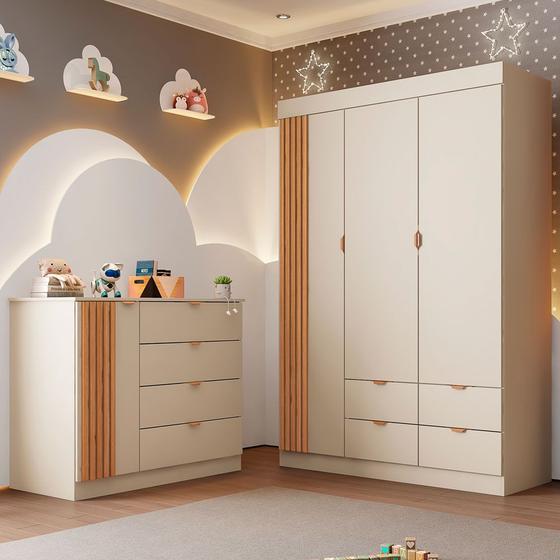 Imagem de Quarto Infantil com Guarda Roupa e Cômoda Ayla Off White - Phoenix Baby