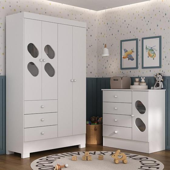 Imagem de Quarto Infantil com Guarda Roupa e Cômoda Stella Branco