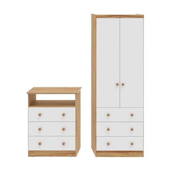 Imagem de Quarto Infantil com Guarda Roupas 2 Portas 3 Gavetas e Cômoda 3 Gavetas Smim New Móveis Peroba Branco Brilho/Amêndoa