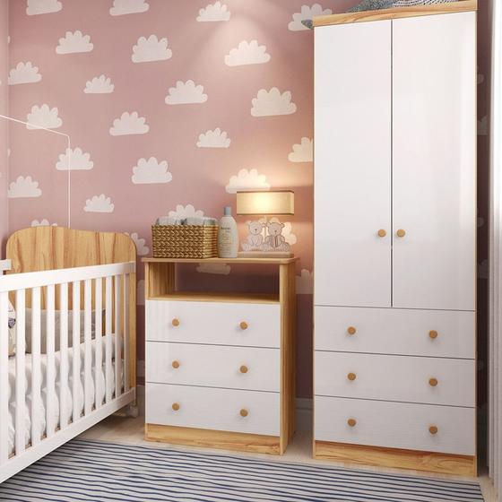 Imagem de Quarto Infantil com Guarda Roupas 2 Portas 3 Gavetas e Cômoda 3 Gavetas Smim New Móveis Peroba