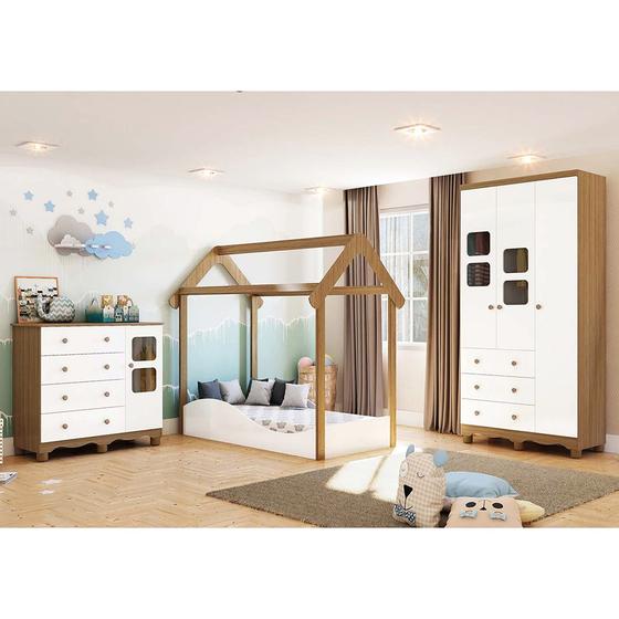 Quarto Infantil com Mini Cama Casinha, Cômoda 4 gavetas, Roupeiro 3 Portas Uli Branco/Carvalho Menor preço em Quarto Infantil com Mini Cama Casinha, Cômoda 4 gavetas, Roupeiro 3 Portas Uli Branco/Carvalho
