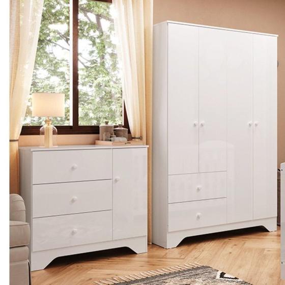 Imagem de Quarto Infantil Cômoda 1 Porta 3 Gavetas e Guarda Roupa 4 Portas 2 Gavetas 100% MDF Cocada