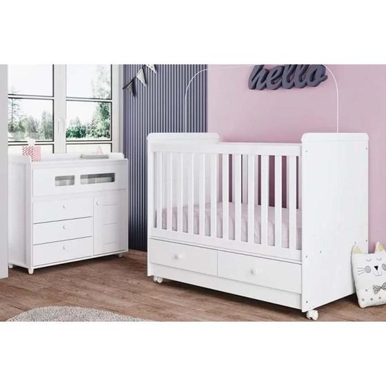 Imagem de Quarto Infantil Completo Aquarela 2 Peças (1 Berço + 1 Cômoda) QI63 Branco - Henn