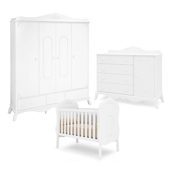 Imagem de Quarto Infantil Completo com Berço Comoda 4 Gavetas e Guarda Roupa 4 Portas  Branco Canaã Baby