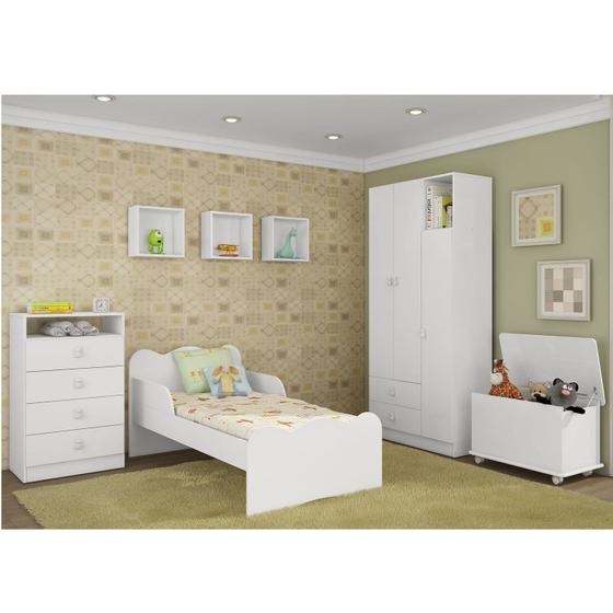 Imagem de Quarto Infantil Completo com Guarda Roupa 3 Portas, Mini Cama, Cômoda, Nicho e Baú Fofinho Art in Móveis Branco