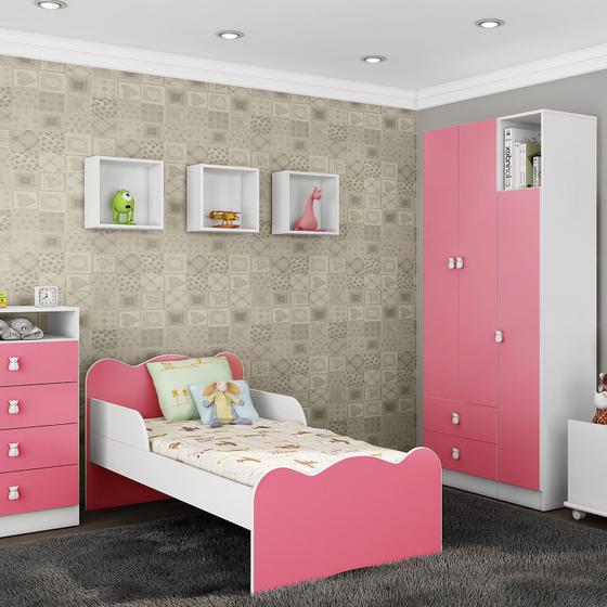 Imagem de Quarto Infantil Completo com Guarda Roupa 3 Portas, Mini Cama, Cômoda, Nicho e Baú Fofinho Art in Móveis Rosa