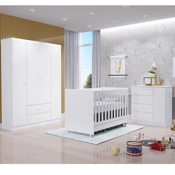 Imagem de Quarto Infantil Completo com Guarda Roupa 4 Portas, Cômoda 4 Gavetas e Berço Americano