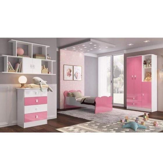 Imagem de Quarto Infantil Completo Docinho com Guarda Roupa, Cômoda, Mini Cama e Nicho Espresso Móveis Branco/Rosa