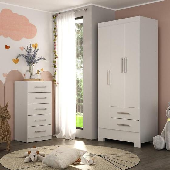 Imagem de Quarto Infantil Completo Guarda Roupa 3 Portas 2 Gavetas Com Cômoda 5 Gavetas Amy Espresso Móveis Branco