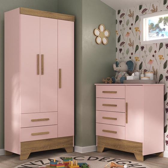 Imagem de Quarto Infantil Completo Guarda Roupa 3 Portas 2 Gavetas com Cômoda Selene Espresso Móveis Rosa Fosco/Nature