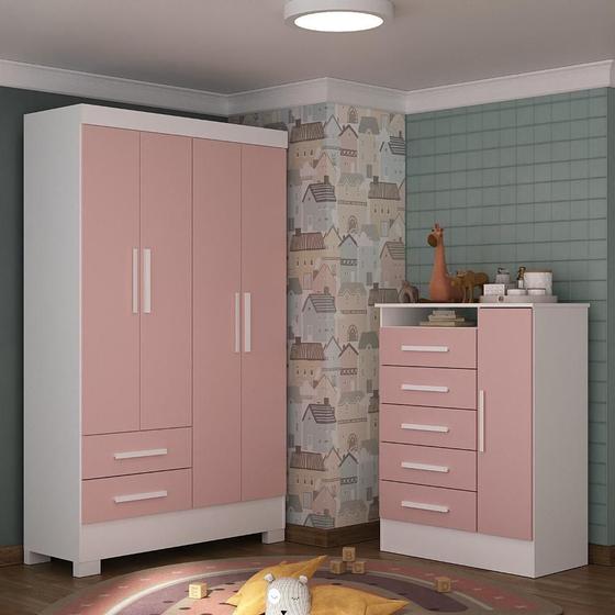 Imagem de Quarto Infantil Completo Guarda Roupa 4 Portas 2 Gavetas com Cômoda Ariel Espresso Móveis Branco/Rosa