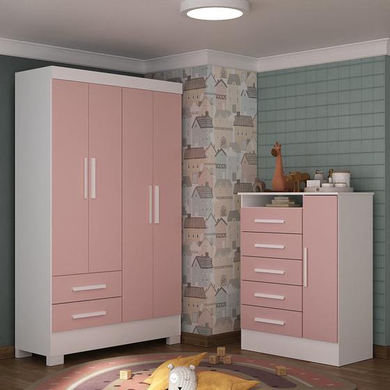 Imagem de Quarto Infantil Completo Guarda Roupa 4 Portas 2 Gavetas com Cômoda Ariel Espresso Móveis