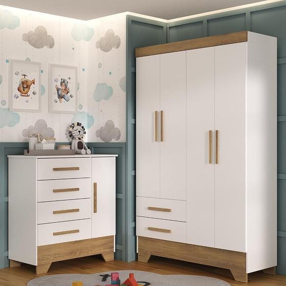 Imagem de Quarto Infantil Completo Guarda Roupa 4 Portas 2 Gavetas com Cômoda Liz Espresso Móveis Branco Fosco/Nature