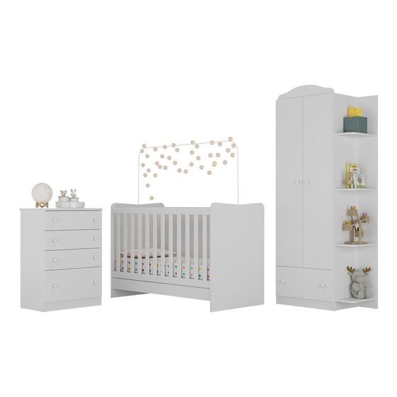 Imagem de Quarto Infantil Completo João e Maria com berço 4 em 1 + colchão + Roupeiro e cômoda Branco  Multi