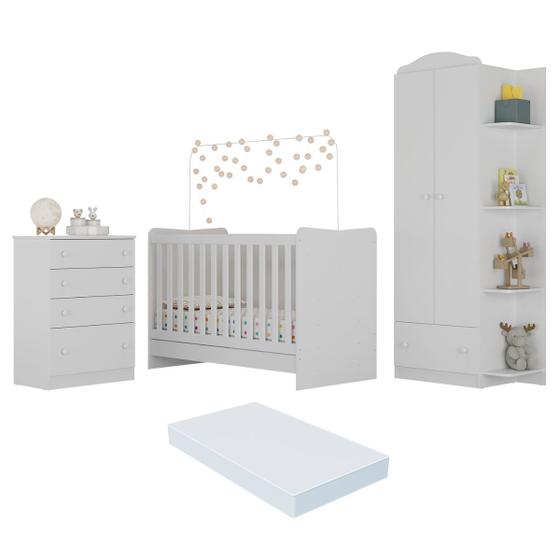 Imagem de Quarto Infantil Completo João e Maria com berço 4 em 1 + colchão + Roupeiro e cômoda Branco Multi