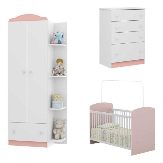 Imagem de Quarto Infantil completo João e Maria Multimóveis Branco/Rosa com Berço + Guarda roupa + cômoda