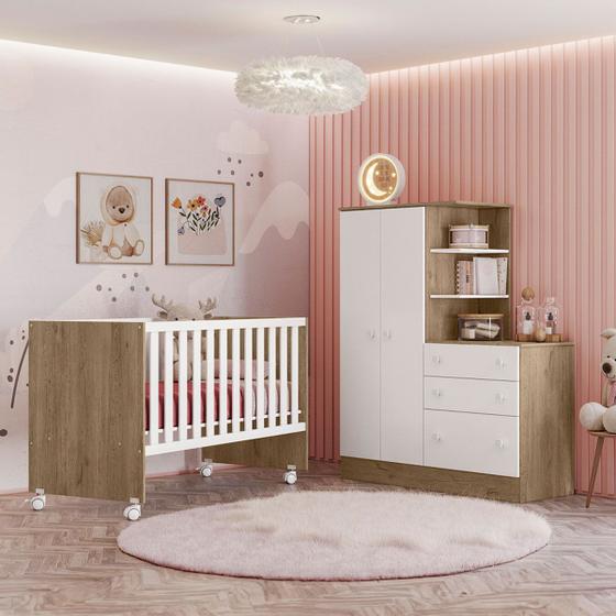 Imagem de Quarto Infantil Completo Lua 2 Portas 3 Gavetas Branco/Carvalho - Pnr Móveis