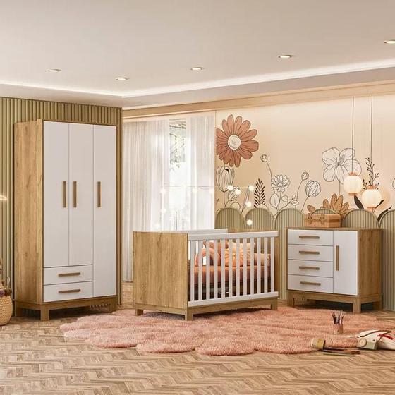 Imagem de Quarto Infantil Completo Qencanto Slim Guarda Roupa 3 Portas e Comoda 1 Porta Freijo/Branco  Qmovi