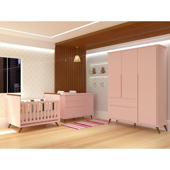 Quarto Infantil Completo Retrô Melissa - Roupeiro, Cômoda e Berço Mini-Cama - Rosa Menor preço em Quarto Infantil Completo Retrô Melissa - Roupeiro, Cômoda e Berço Mini-Cama - Rosa