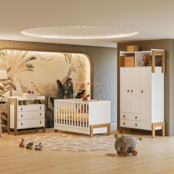 Imagem de Quarto Infantil Completo Safari 3 Portas 5 Gavetas Branco/Freijo - Pnr Móveis