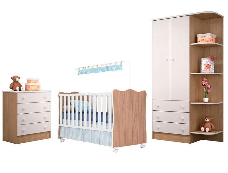 Quarto Infantil Doce Sonho - Berço Simples Branco/Carvalho - Qmovi Menor preço em Quarto Infantil Doce Sonho - Berço Simples Branco/Carvalho - Qmovi