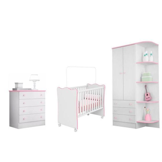 Quarto Infantil Doce Sonho - Berço Simples - Branco/Rosa - Qmovi Menor preço em Quarto Infantil Doce Sonho - Berço Simples - Branco/Rosa - Qmovi