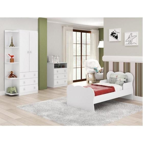 Imagem de Quarto Infantil Guarda Roupa 2 Portas 3 Gavetas Cômoda 3 Gavetas 1 Nicho Mini Cama DJD Móveis Branco