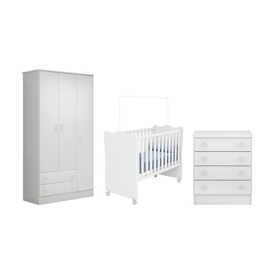 Imagem de Quarto Infantil Guarda Roupa 3 Portas, Berço e Cômoda 4 Gavetas Doce Sonho Branco - Qmovi