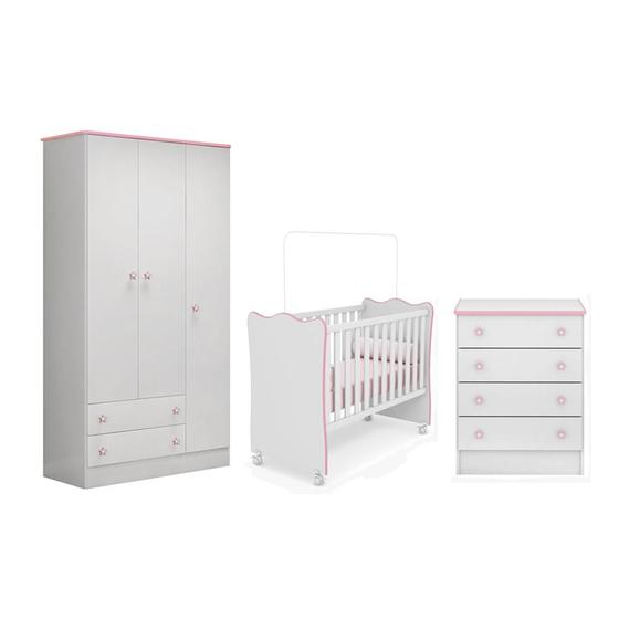 Quarto Infantil Guarda Roupa 3 Portas, Berço e Cômoda 4 Gavetas Doce Sonho Branco/Rosa - Qmovi Menor preço em Quarto Infantil Guarda Roupa 3 Portas, Berço e Cômoda 4 Gavetas Doce Sonho Branco/Rosa - Qmovi