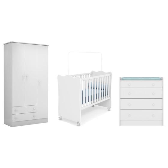 Imagem de Quarto Infantil Guarda Roupa 3 Portas Meu Soninho, Berço e Cômoda Trocador Branco  FdECOR
