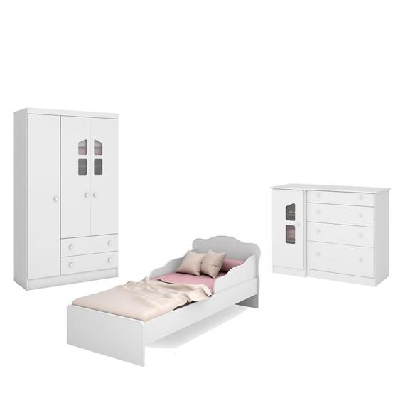 Quarto Infantil Guarda Roupa, Cômoda Sapateira e Mini Cama Doce Sonho Branco Qmovi Menor preço em Quarto Infantil Guarda Roupa, Cômoda Sapateira e Mini Cama Doce Sonho Branco Qmovi