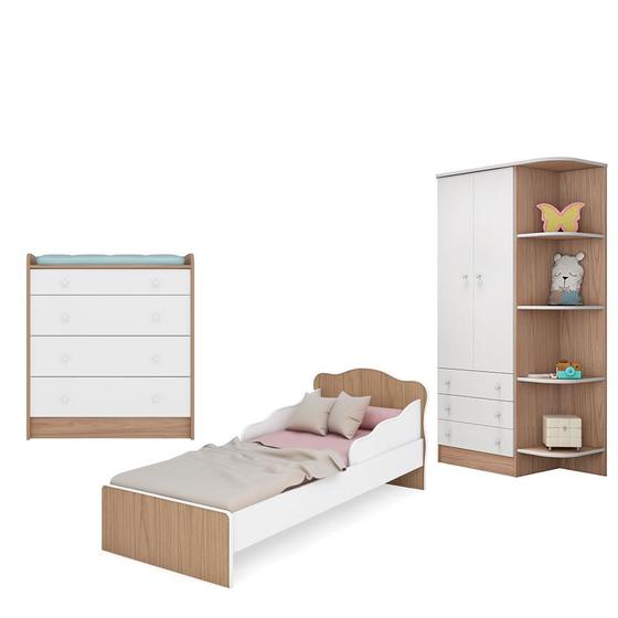 Quarto infantil Guarda Roupa, Cômoda Trocador e Mini Cama Doce Sonho Branco/Carvalho - Qmovi Menor preço em Quarto infantil Guarda Roupa, Cômoda Trocador e Mini Cama Doce Sonho Branco/Carvalho - Qmovi