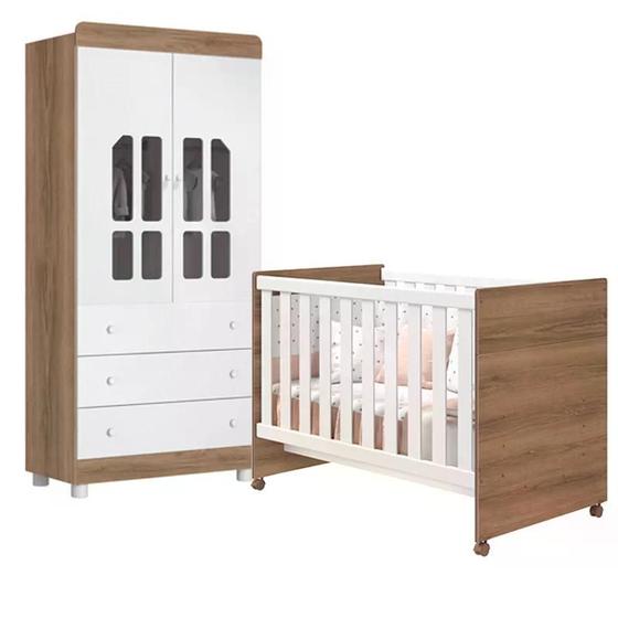 Imagem de Quarto Infantil Katatau com Guarda Roupa 2 Portas e Berço Branco Brilho/Mezzo - Reller Móveis