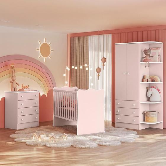 Imagem de Quarto Infantil Lua Encantada Guarda Roupa, Berço e Cômoda Rosa