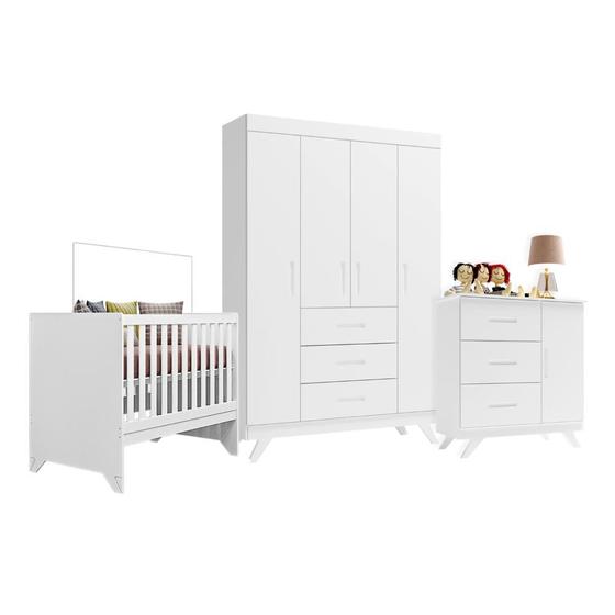 Imagem de Quarto Infantil Maya Branco Acetinado Roupeiro Cômoda Berço Canaã