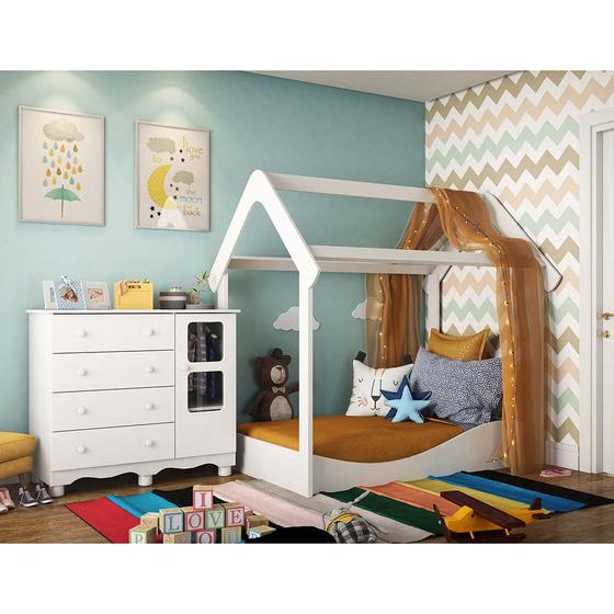 Imagem de Quarto Infantil Montessoriano com Cama Casinha e Cômoda 4 Gavetas 1 Porta Branco Uli 