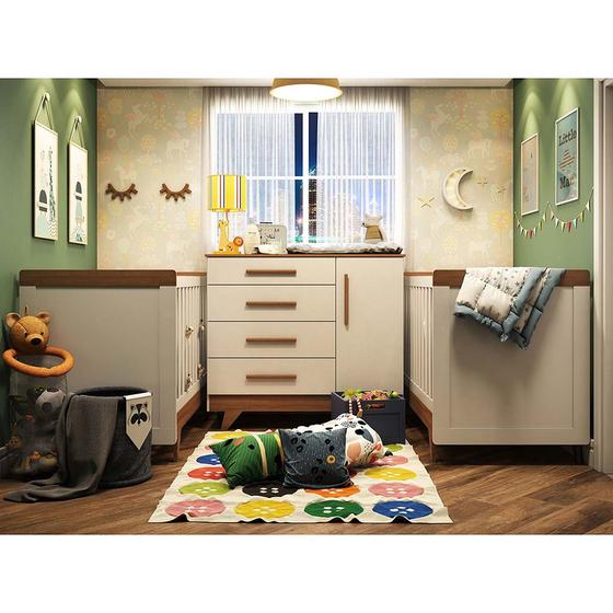 Imagem de Quarto Infantil para Gêmeos em MDF com 2 Berços Minicama e Cômoda 4 gavetas  Móveis Peroba Branco /Carvalho 