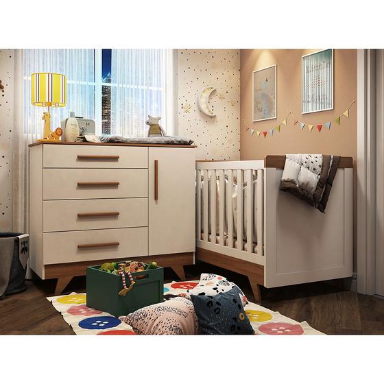 Imagem de Quarto Infantil pequeno Retrô com Cômoda 4 gavetas  e Berço Minicama Móveis Peroba Branco /Carvalho 