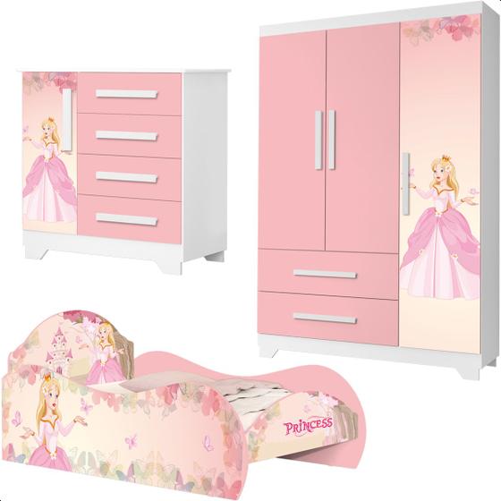 Imagem de Quarto Infantil Princesa Com Cama, Cômoda, Guarda Roupa Rosa