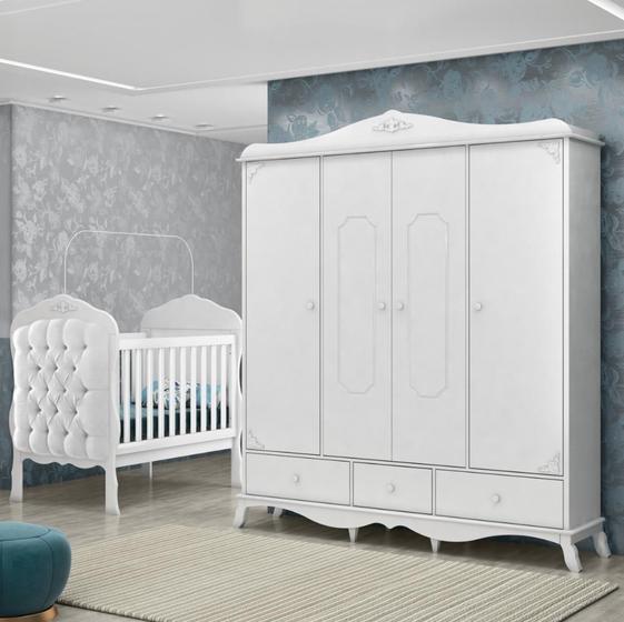 Imagem de Quarto Infantil Realeza Branco Berço com Capitonê e Guarda Roupa 4 portas Canaã