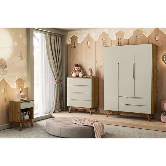 Imagem de Quarto Infantil Retrô Alpi Guarda-Roupa 3 PT 2 GV Cômoda 4 GV Mesa de Cabeceira 1 GV Conhaque e Off White